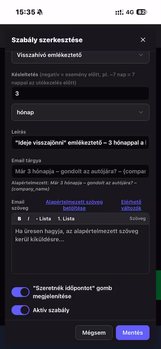 DSM utánkövetési szabály szerkesztése mobilon dark mód