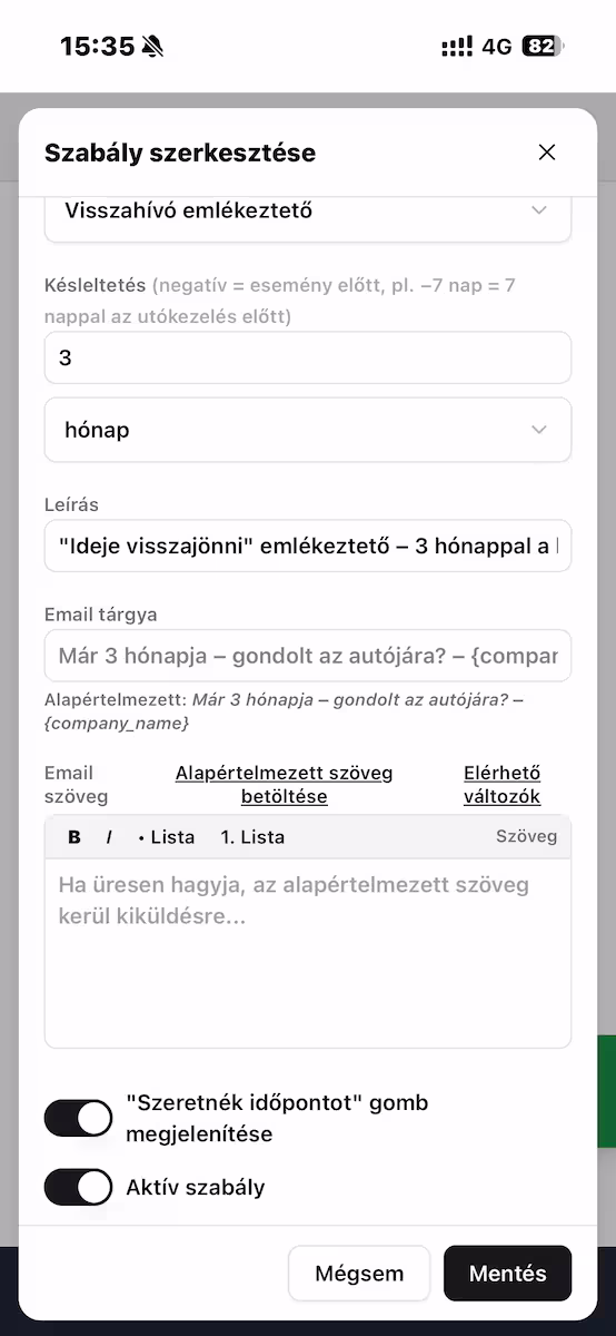 DSM utánkövetési szabály szerkesztése mobilon light mód